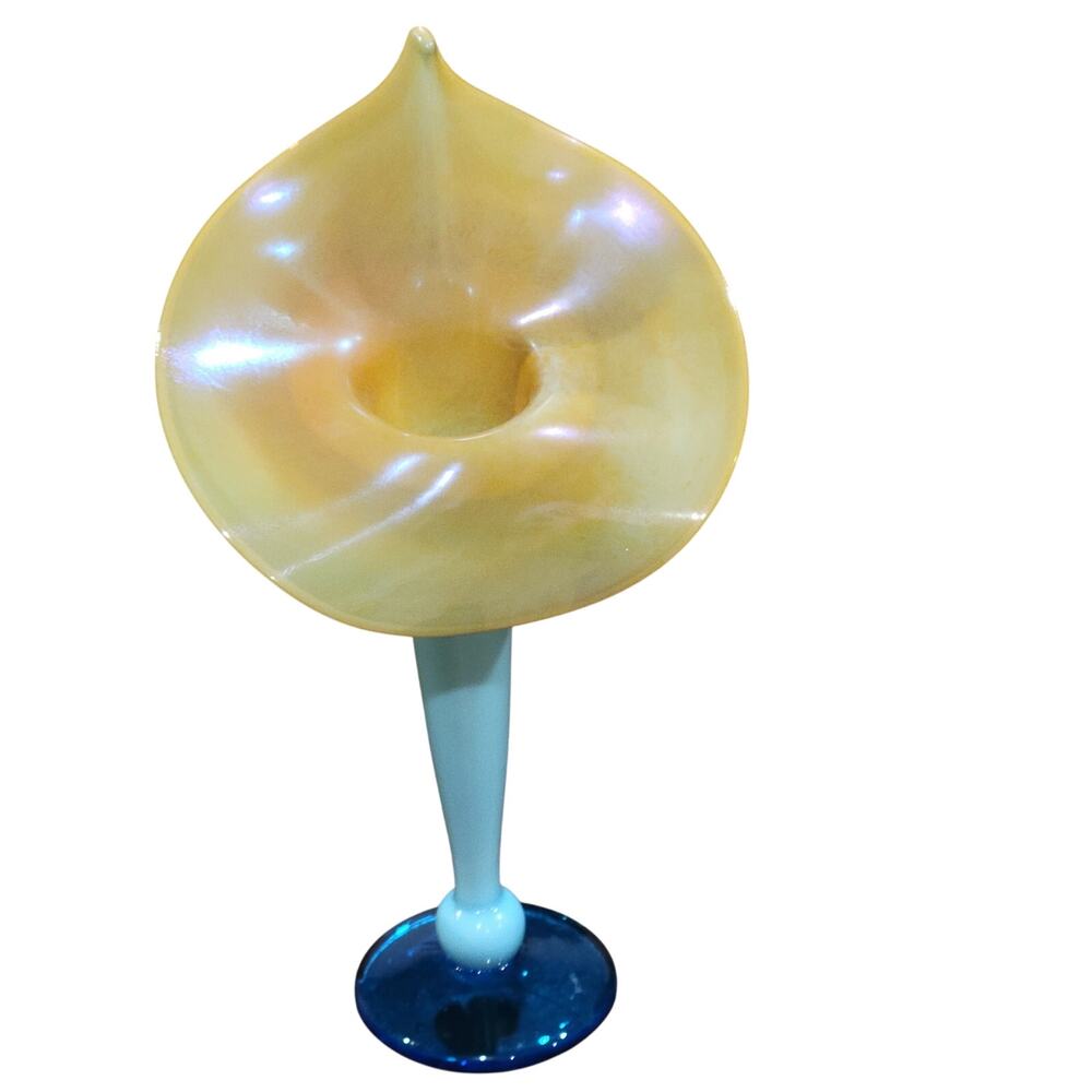 Jack in Pulpit Art Glass Vase 15" Iridescent Blue & Yellow Signed Rick Strini 97